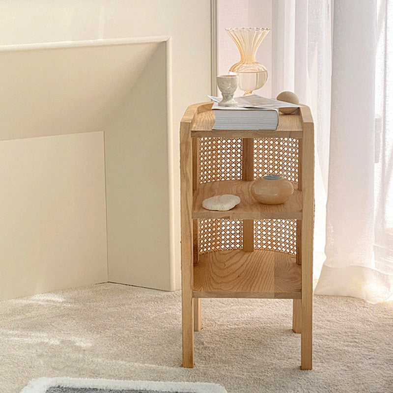 Traditioneller japanischer halbrunder Nachttisch aus Massivholz und Sperrholz mit Rattanweberei, 3-stufig, für das Schlafzimmer 