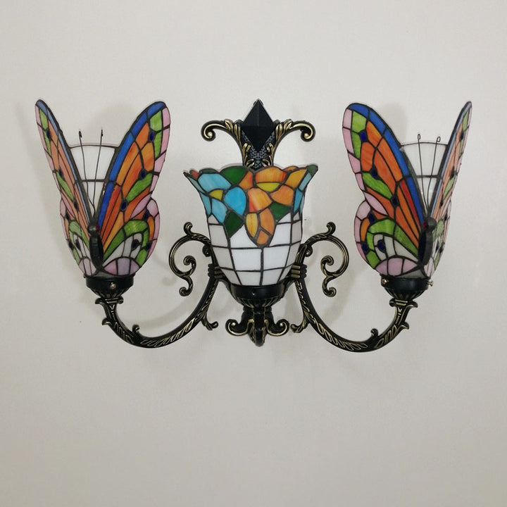Traditional Tiffany European Butterfly Alloy Iron Glass 3-Light Wall Sconce Lamp For Hallway