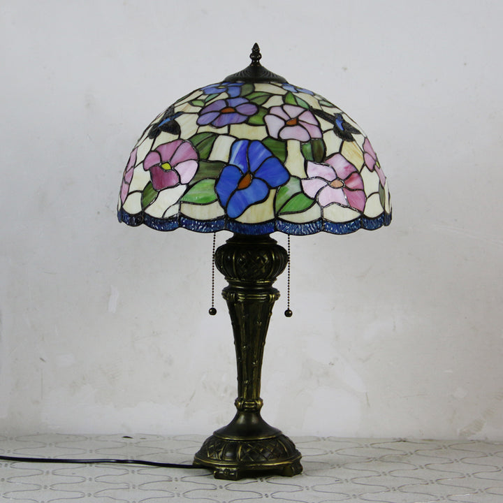 Traditional Tiffany Resin Glass Dome Hemispheric Flower 2-Light Table Lamp For Bedside