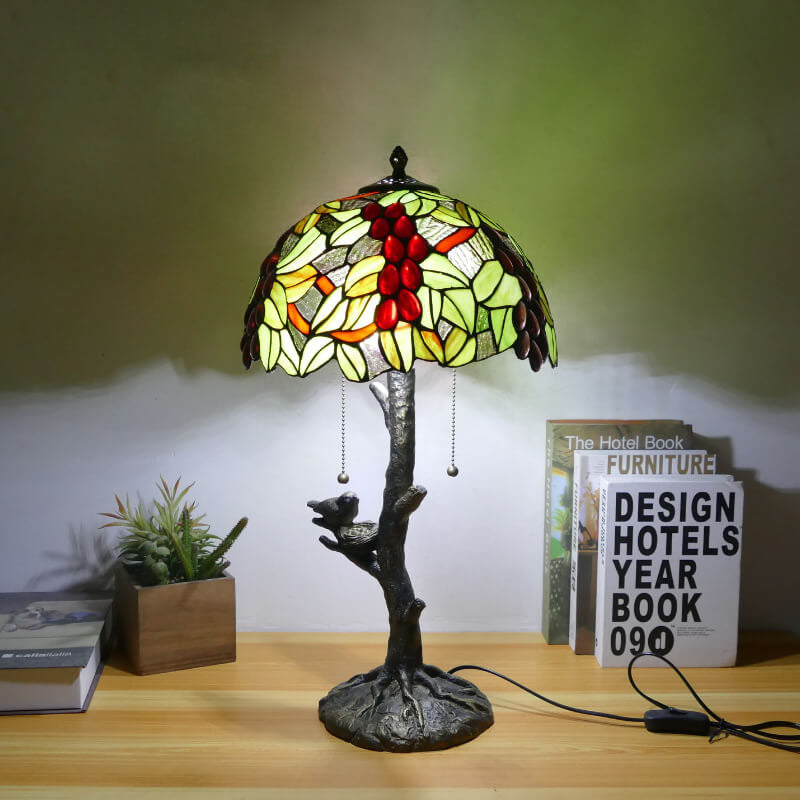 Traditional Tiffany Dragonfly Flower Stained Glass Bird Base 2-Light Table Lamp For Bedroom
