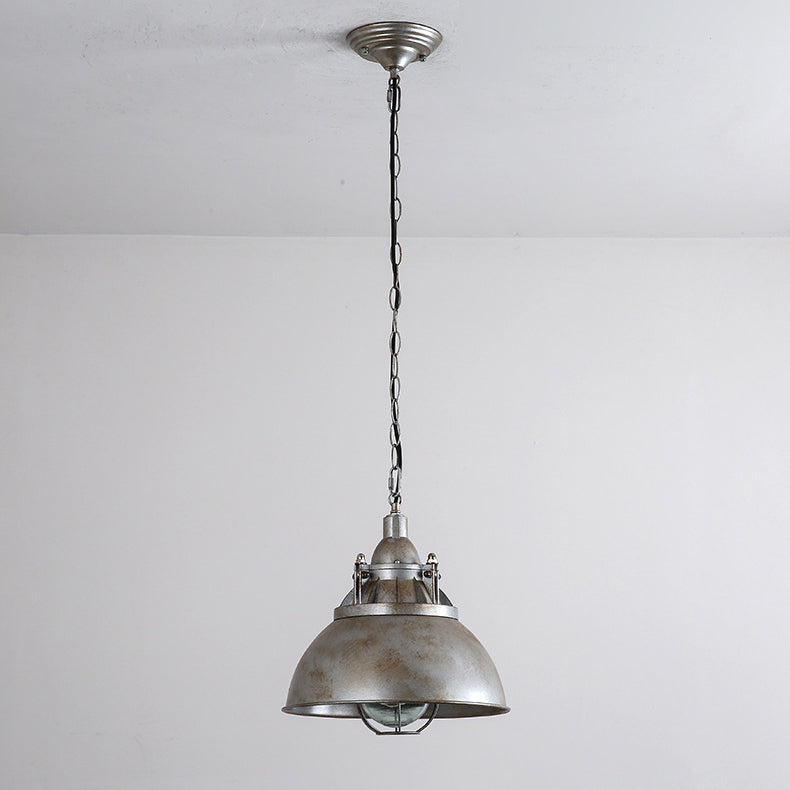 Zeitgenössische industrielle Retro-Pendelleuchte im Used-Look aus grauem Aluminium mit halbrundem Schirm und 1 Licht für Unterhaltungsräume 