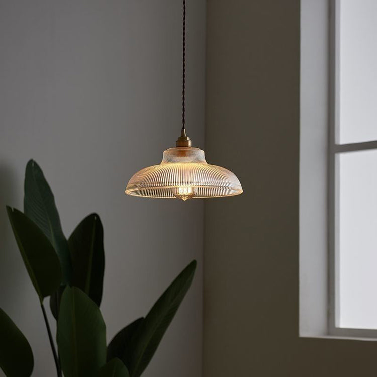 Traditional Japanese Wood Brass Glass Semicircular Loudspeaker 1-Light Pendant Light For Dining Room