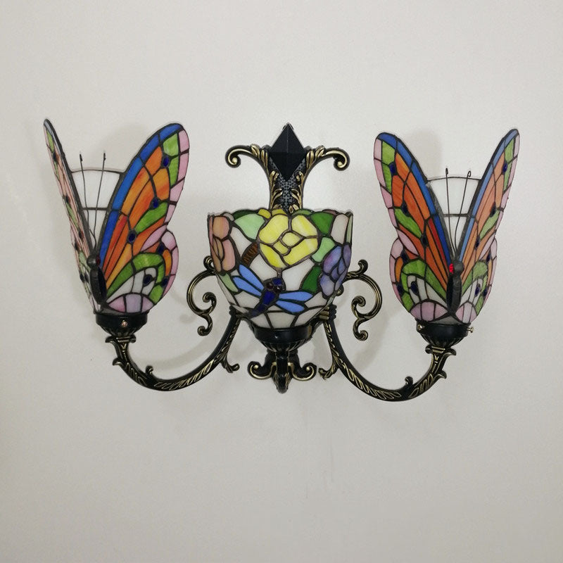 Traditional Tiffany European Butterfly Stained Glass 3-Light Wall Sconce Lamp For Hallway