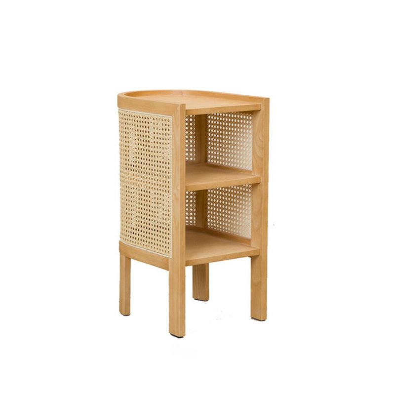 Traditional Japanese Weaving Semicircular Elliptical Faux Rattan Ash Wood Nightstand 2-Storage For Bedside