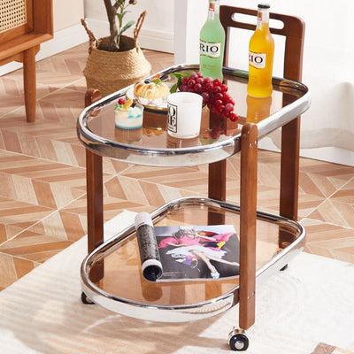 Traditioneller ovaler abnehmbarer Holztisch aus Edelstahl und Glas mit 2 Ebenen für das Wohnzimmer 