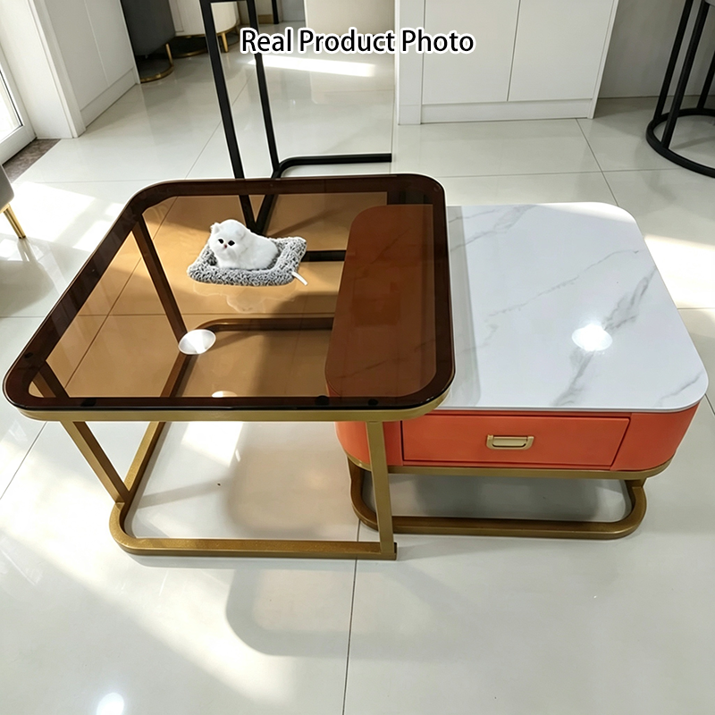 Modern Minimalist Square Rock Slab Glass Carbon Steel Faux Leather MDF Combination Coffee Table 1-Drawer For Living Room