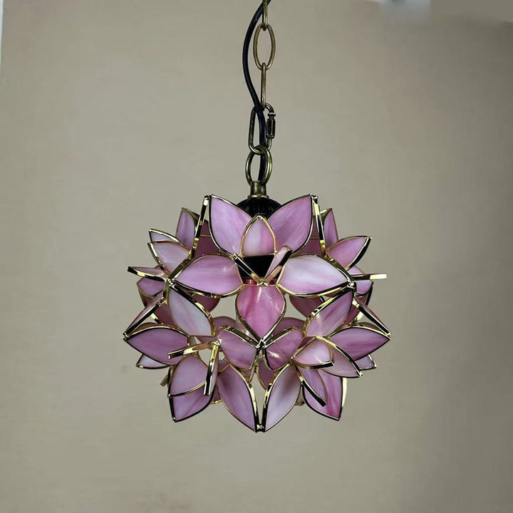 Lustre suspendu traditionnel Tiffany rond à motif de fleurs en verre teinté au zinc avec 1 lumière pour le salon 