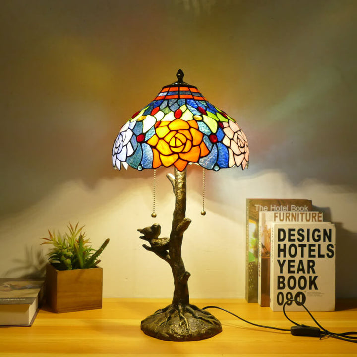 Traditional Tiffany Dragonfly Flower Stained Glass Bird Base 2-Light Table Lamp For Bedroom