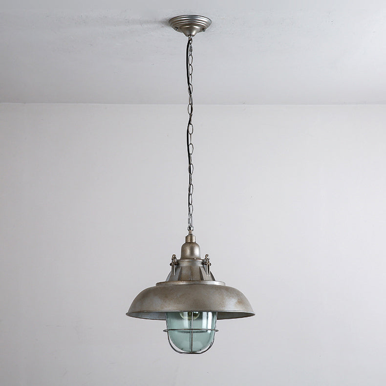 Zeitgenössische industrielle Retro-Pendelleuchte im Used-Look aus grauem Aluminium mit halbrundem Schirm und 1 Licht für Unterhaltungsräume 