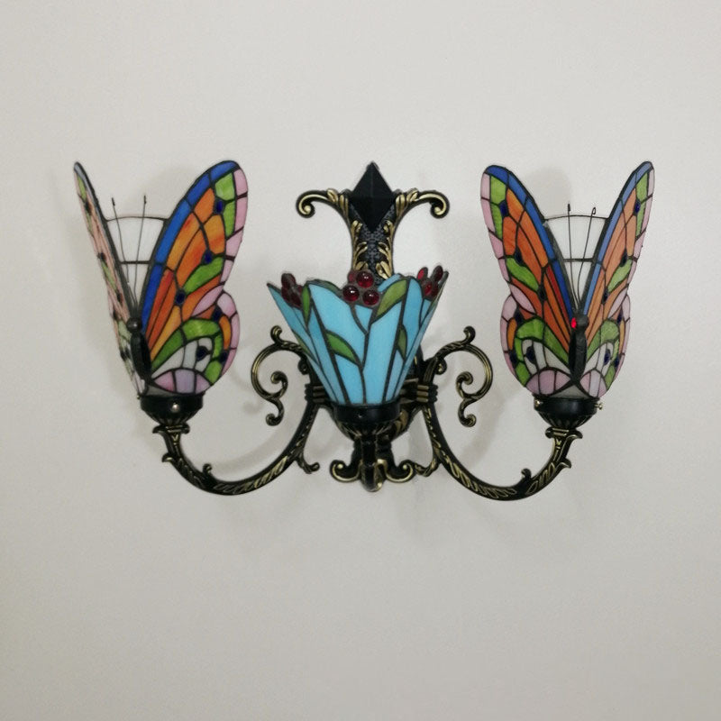 Traditional Tiffany European Butterfly Alloy Iron Glass 3-Light Wall Sconce Lamp For Hallway