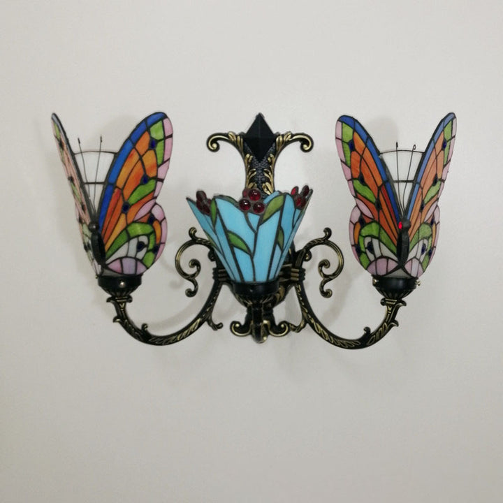 Traditional Tiffany European Butterfly Alloy Iron Glass 3-Light Wall Sconce Lamp For Hallway