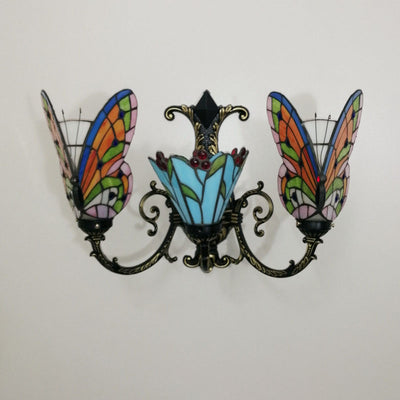 Traditional Tiffany European Butterfly Stained Glass 3-Light Wall Sconce Lamp For Hallway