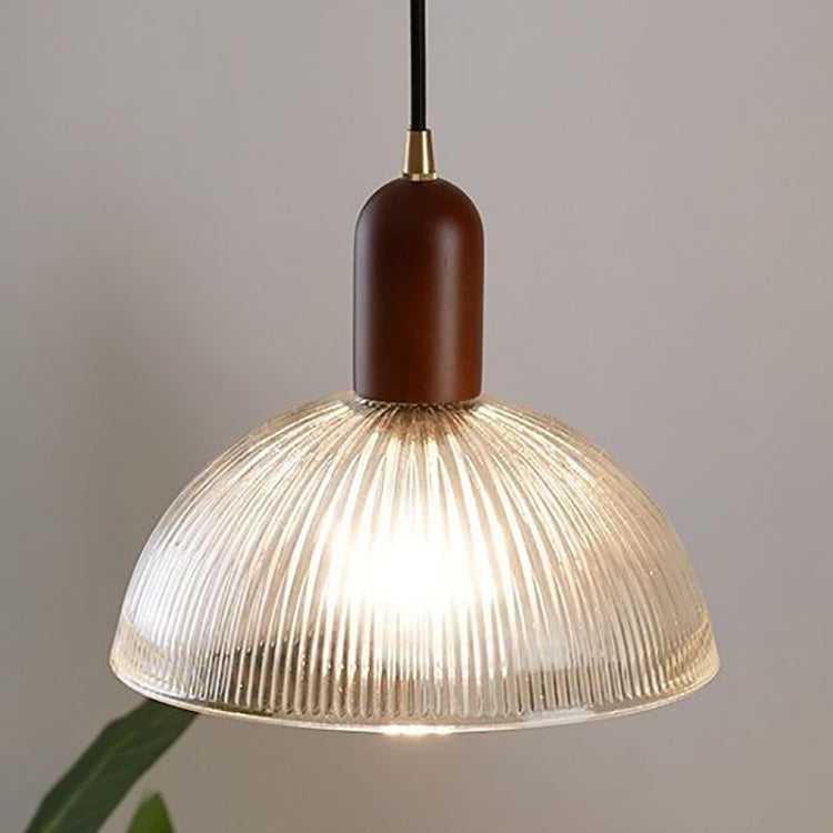 Traditional Japanese Wood Brass Glass Semicircular Loudspeaker 1-Light Pendant Light For Dining Room