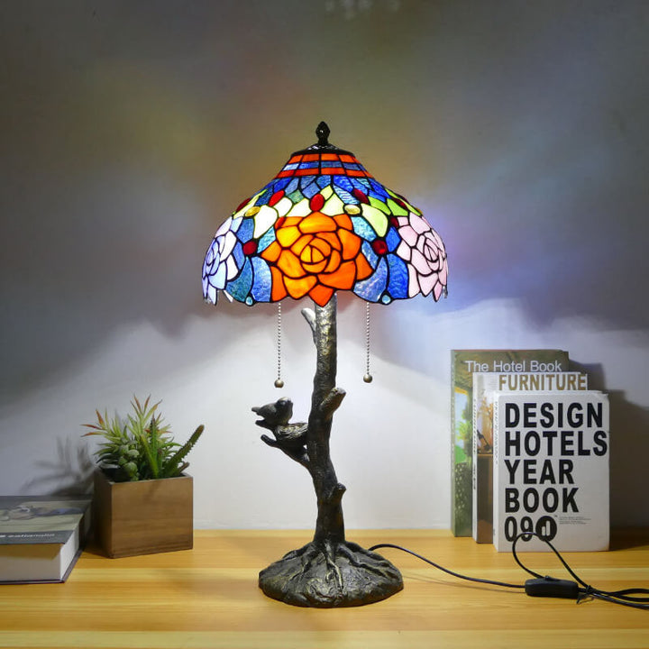 Traditional Tiffany Dragonfly Flower Stained Glass Bird Base 2-Light Table Lamp For Bedroom