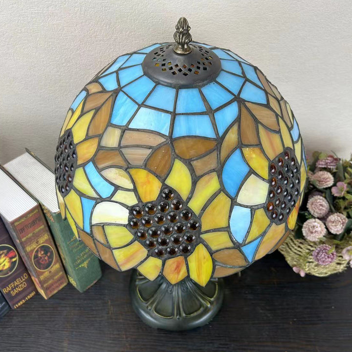 Lampe de table à 1 lumière en verre teinté alliage de fleurs en dôme rond traditionnel Tiffany pour salon 