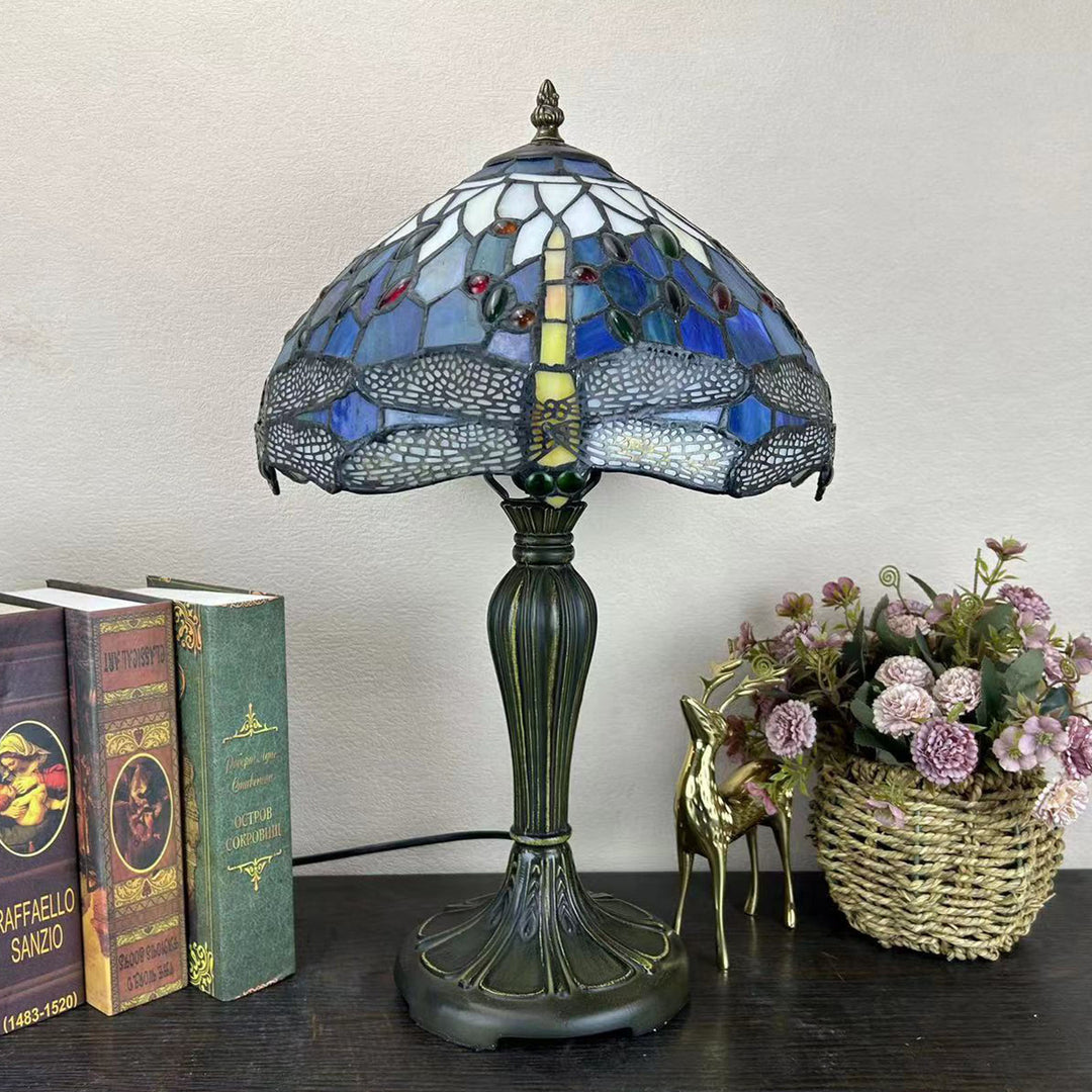 Lampe de table à 1 lumière avec dôme en verre métallique Tiffany traditionnel, motif raisin, fleur, libellule et papillon pour chevet 