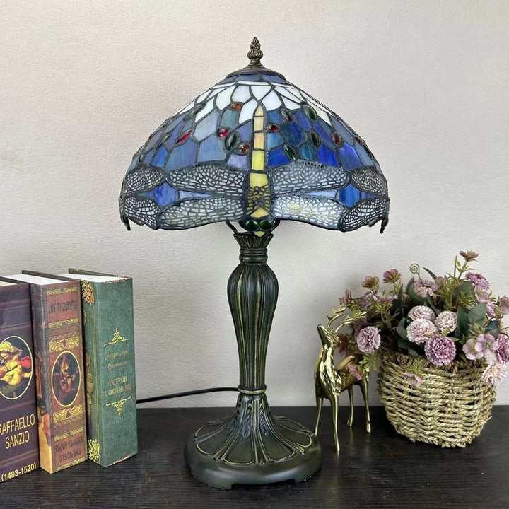 Lampe de table à 1 lumière avec dôme en verre métallique Tiffany traditionnel, motif raisin, fleur, libellule et papillon pour chevet 