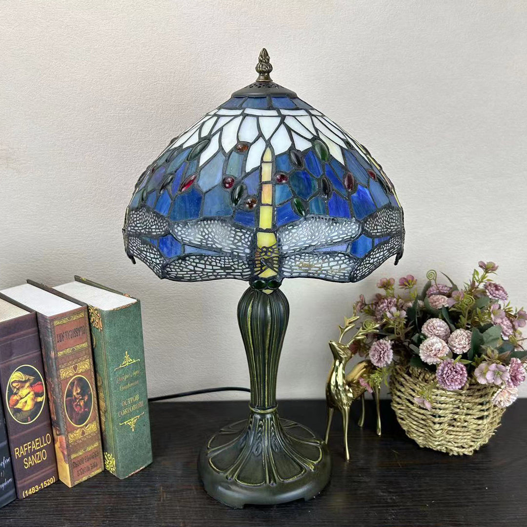 Lampe de table à 1 lumière avec dôme en verre métallique Tiffany traditionnel, motif raisin, fleur, libellule et papillon pour chevet 