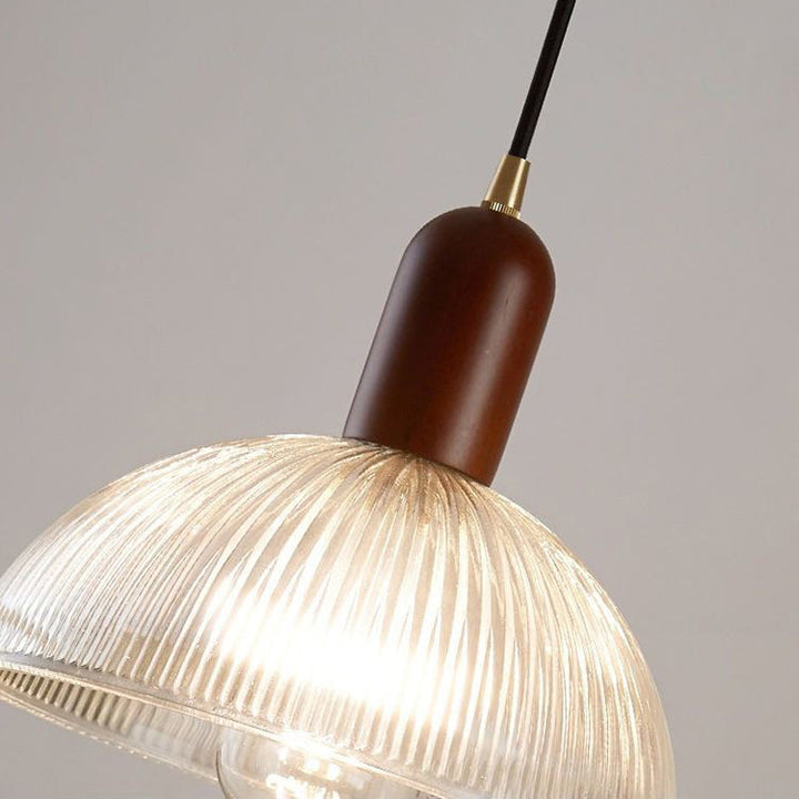 Traditional Japanese Wood Brass Glass Semicircular Loudspeaker 1-Light Pendant Light For Dining Room