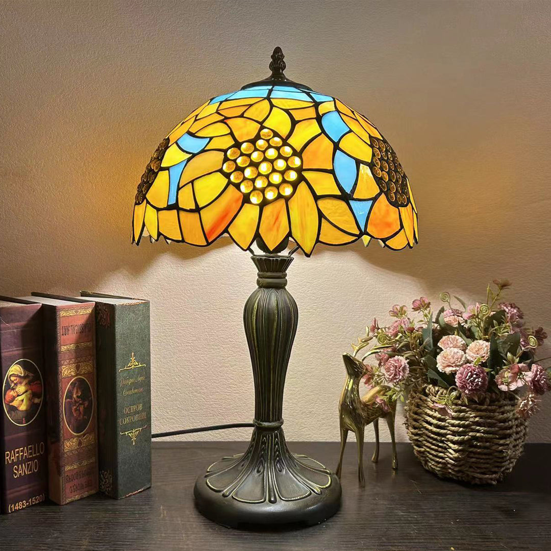 Lampe de table à 1 lumière en verre teinté alliage de fleurs en dôme rond traditionnel Tiffany pour salon 