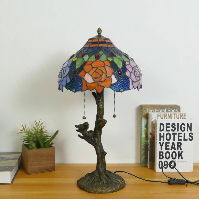 Traditional Tiffany Dragonfly Flower Stained Glass Bird Base 2-Light Table Lamp For Bedroom