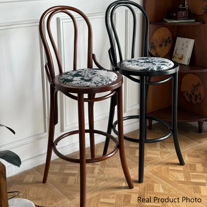 Traditional French Beech Wood Fabric Round Curved Bar Stool With Backrest For Living Room