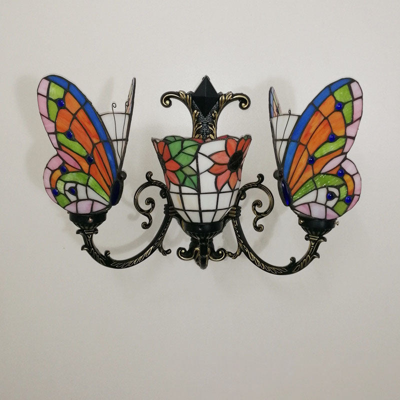 Traditional Tiffany European Butterfly Stained Glass 3-Light Wall Sconce Lamp For Hallway