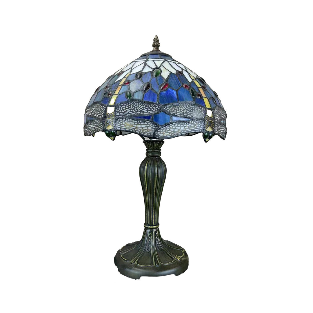 Lampe de table à 1 lumière avec dôme en verre métallique Tiffany traditionnel, motif raisin, fleur, libellule et papillon pour chevet 