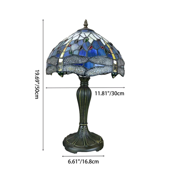 Lampe de table à 1 lumière avec dôme en verre métallique Tiffany traditionnel, motif raisin, fleur, libellule et papillon pour chevet 