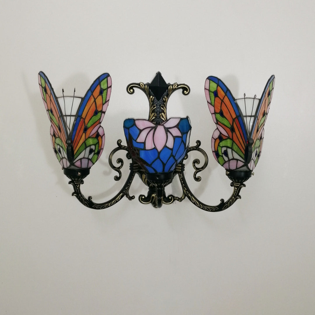 Traditional Tiffany European Butterfly Alloy Iron Glass 3-Light Wall Sconce Lamp For Hallway