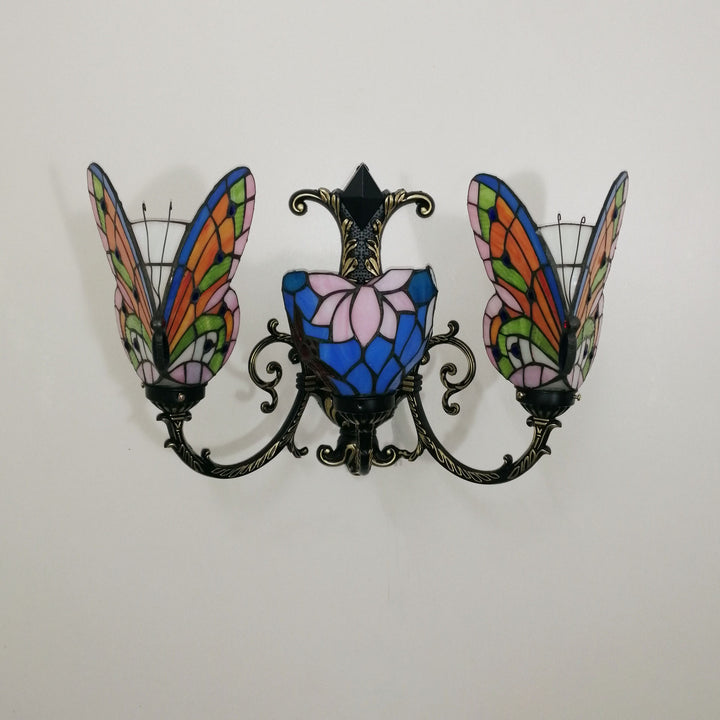 Traditional Tiffany European Butterfly Alloy Iron Glass 3-Light Wall Sconce Lamp For Hallway