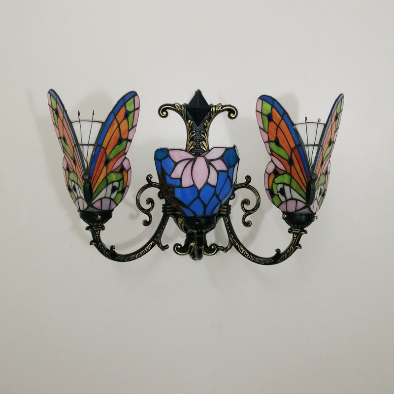 Traditional Tiffany European Butterfly Stained Glass 3-Light Wall Sconce Lamp For Hallway