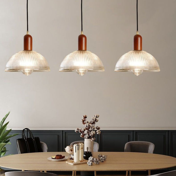 Traditional Japanese Wood Brass Glass Semicircular Loudspeaker 1-Light Pendant Light For Dining Room