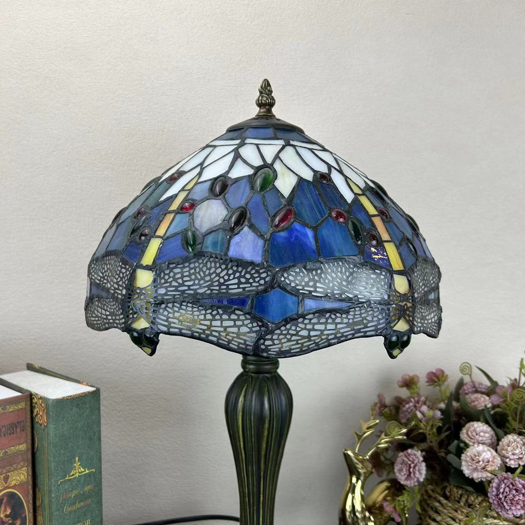 Lampe de table à 1 lumière avec dôme en verre métallique Tiffany traditionnel, motif raisin, fleur, libellule et papillon pour chevet 