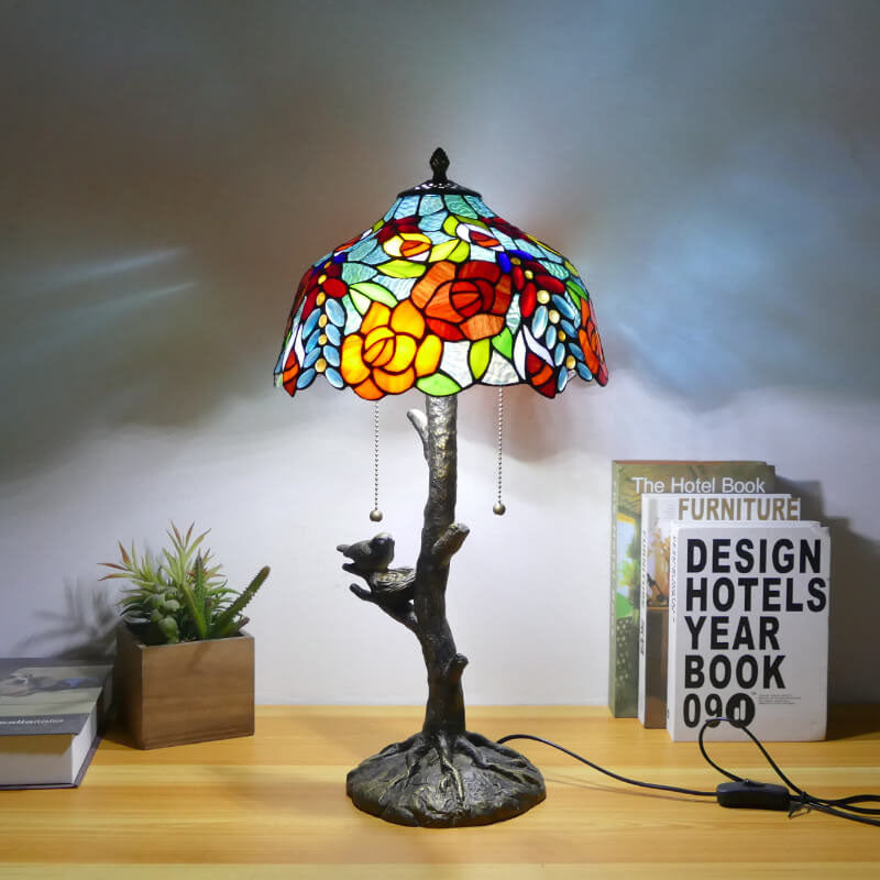 Traditional Tiffany Dragonfly Flower Stained Glass Bird Base 2-Light Table Lamp For Bedroom