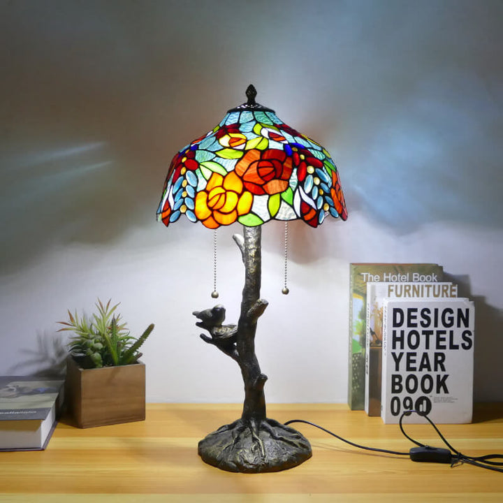Traditional Tiffany Dragonfly Flower Stained Glass Bird Base 2-Light Table Lamp For Bedroom