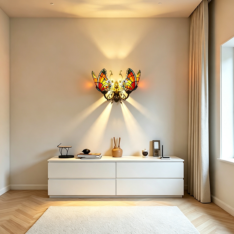 Traditional Tiffany Glass Iron Butterfly-shaped 2-Light Wall Sconce Lamp For Living Room &amp; Bedroom