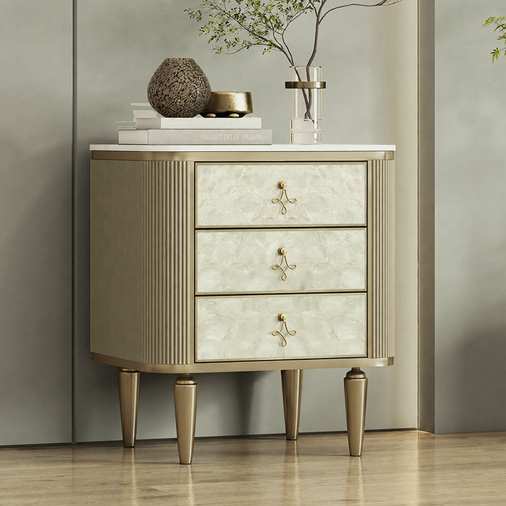 Modern Luxury Rectangular Sintered Stone Eco-board Birch Leg Nightstand 3-Drawer For Bedroom