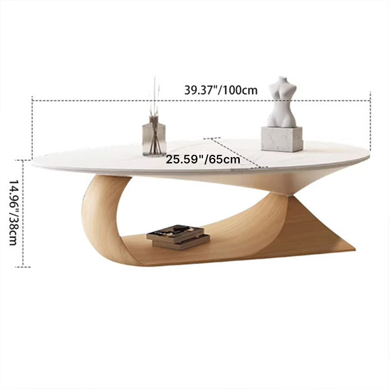 Table basse ovale moderne minimaliste en dalle de roche et panneau de bois pour salon et chambre