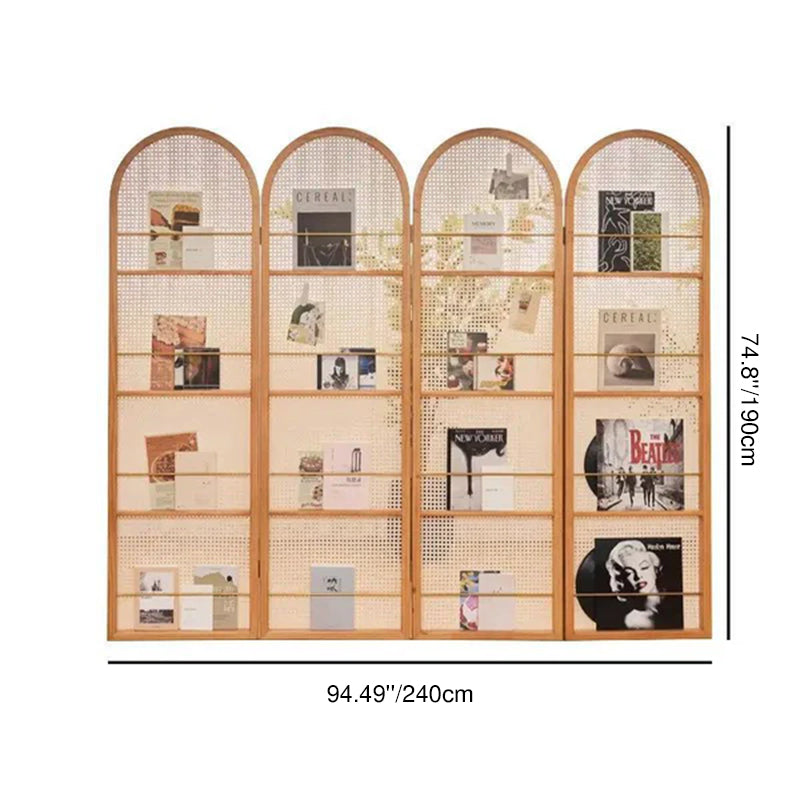Contemporary Retro PVC Rattan Pine Wood Finish Movable Corner Shelf Unit Foldable 2/3/4-Panel Room Divider Storage Shelves For Living Room
