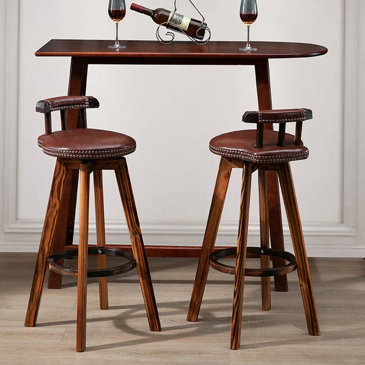 Tabouret de bar pivotant contemporain rétro rond en similicuir avec pieds en bois, dossier bas et repose-pieds pour salle à manger 