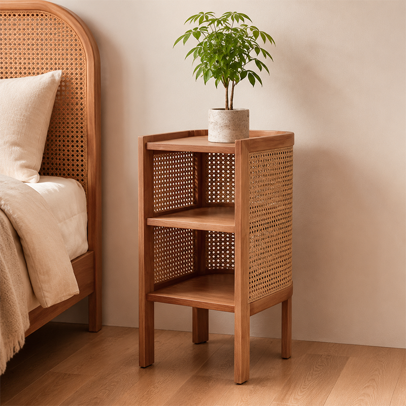 Traditional Japanese Weaving Semicircular Elliptical Faux Rattan Ash Wood Nightstand 2-Storage For Bedside