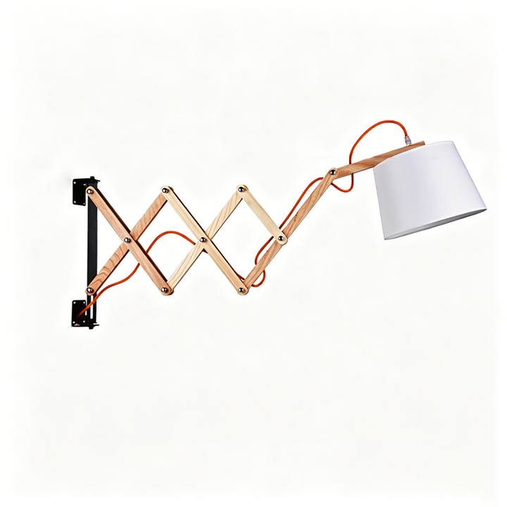 Traditional Vintage Linen Cone Ash Wood Iron Retractable Rotating 1-Light Wall Sconce Lamp for Living Room