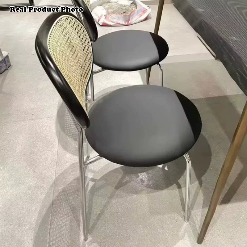 Contemporary Nordic Round PU Leather Faux Rattan Weaving Iron Chair Backrest For Living Room