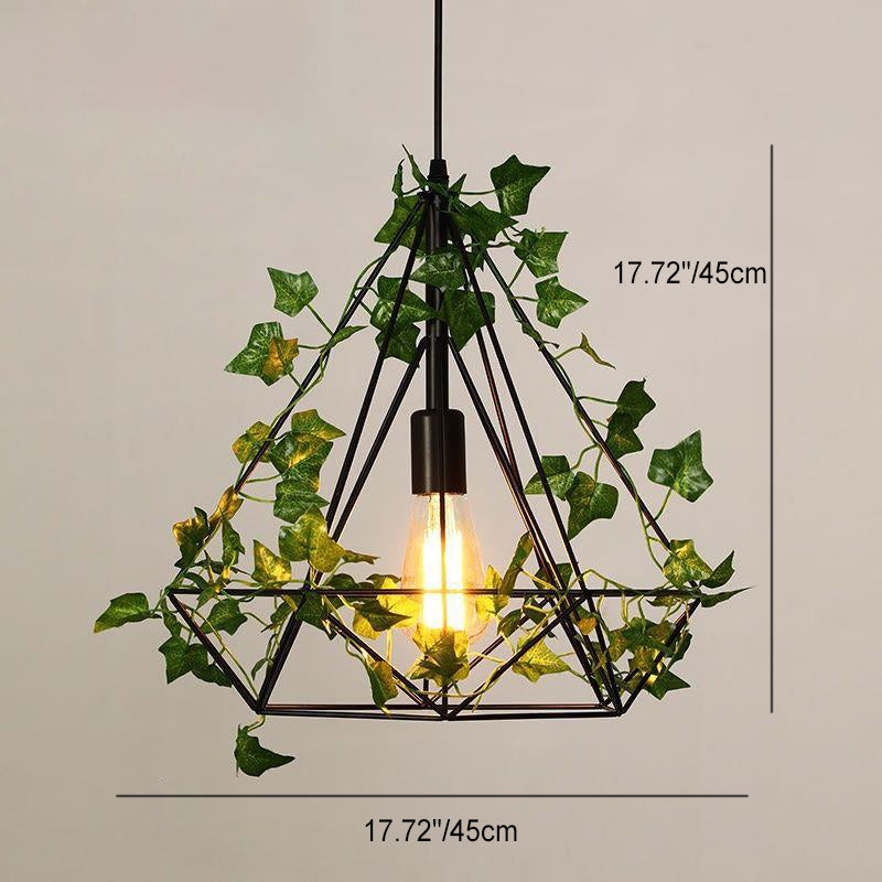 Luz colgante de 1 luz con hoja de sakura de diamante de vegetación simulada de cuerda de cáñamo de hierro retro contemporáneo para comedor 