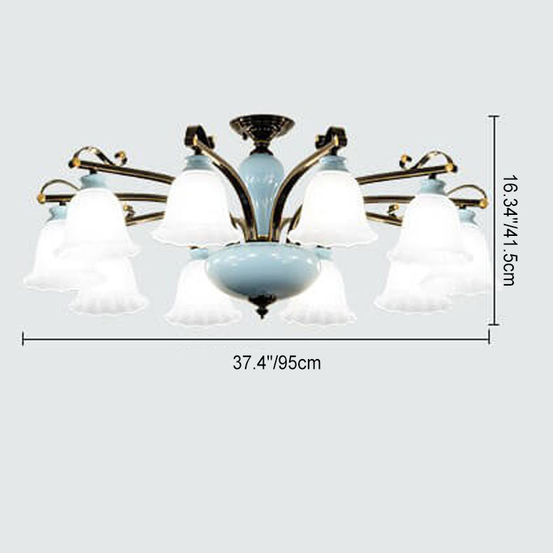 European Modern Minimalist Flower Cup Iron Ceramic Glass 3/6/8/10 Light Semi-Flush Mount Ceiling Light