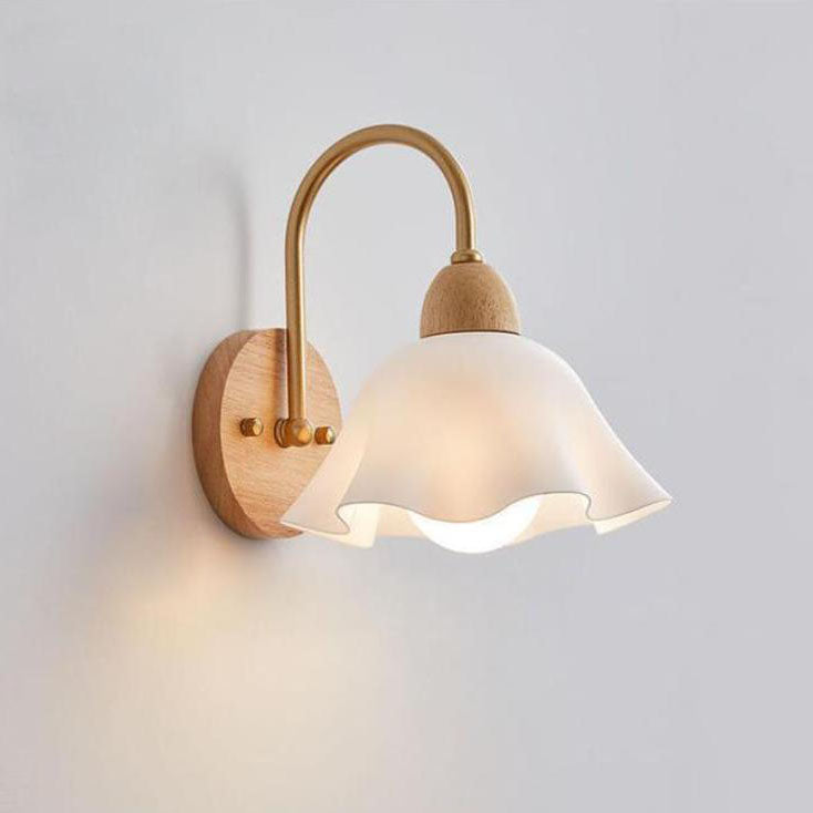 Traditional Japanese Wood Glass Paper Dome Hemispheric Flower Pleated 1-Light Wall Sconce Lamp For Bedside