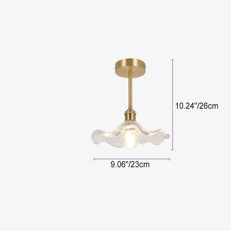 Modern Luxury Brass Glass Flower-Shaped 1-Light Semi-Flush Mount Ceiling Light