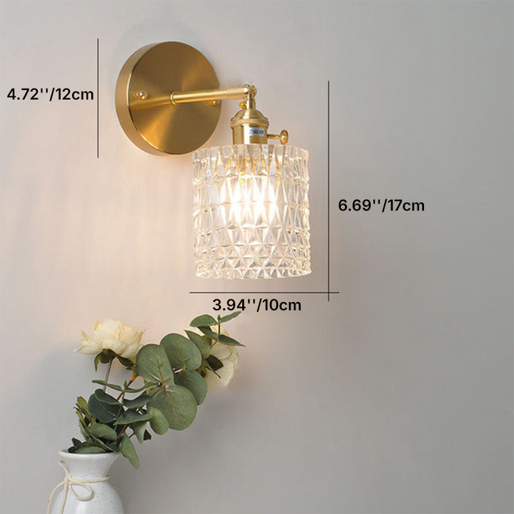 Traditional Vintage Glass Iron Copper Cylinder Round 1-Light Wall Sconce Lamp for Living Room