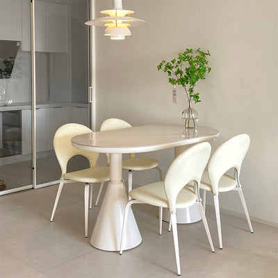 Contemporáneo Nórdico Redondo Tapizado en Cuero Sintético Patas de Acero al Carbono Silla de Comedor Respaldo Sin Brazos Para Comedor 